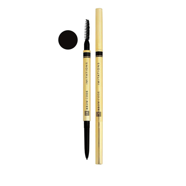 Brow Code Micro Brow Pencil in Granite, a precision brow tool with a fine tip and spoolie, designed for creating defined, natural-looking black brows