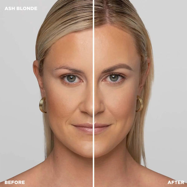 Before and after results using Brow Code Micro Brow Pencil in Light Ash Blonde, showing enhanced eyebrow definition on a fair-skinned model