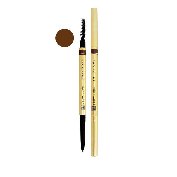 Brow Code Micro Brow Pencil in Warm Medium Brown, a gold dual-ended precision brow pencil with a fine tip and spoolie for natural, hair-like strokes