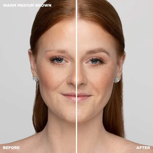 Before and after using Brow Code Micro Brow Pencil in Warm Medium Brown, showing enhanced, fuller brows with natural, hair-like strokes for a defined look