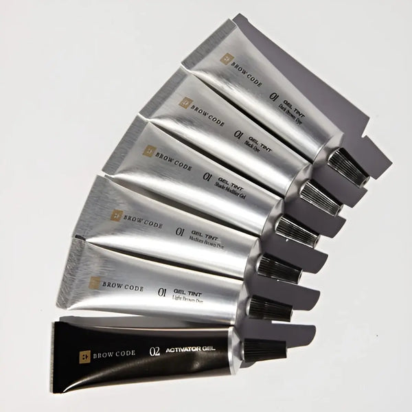 Brow Code PPD-Free Brow Tint gel tubes with Activator Gel for professional eyebrow tinting, long-lasting colour, complete kit.
