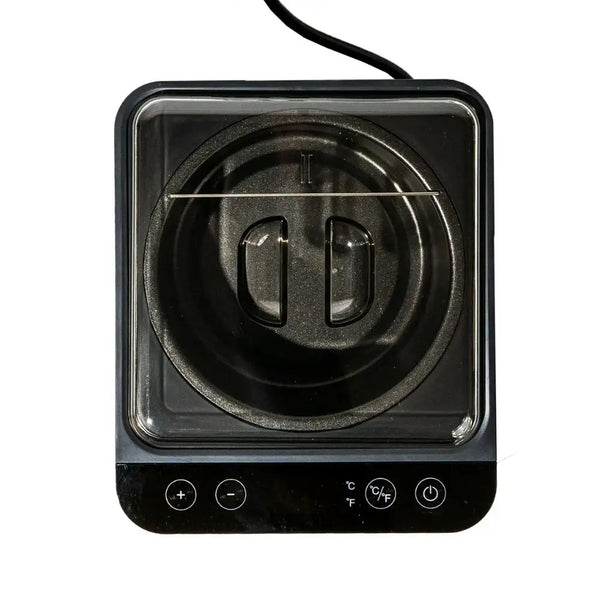 Top view of Brow Code digital wax warmer with dual lid and touch control panel, designed for precise brow wax temperature control