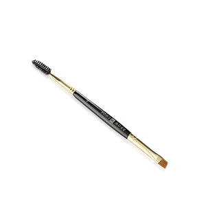 A premium black and gold dual-ended brow brush with an angled tip for precise application and a spoolie for blendingA premium black and gold dual-ended brow brush with an angled tip for precise application and a spoolie for blending