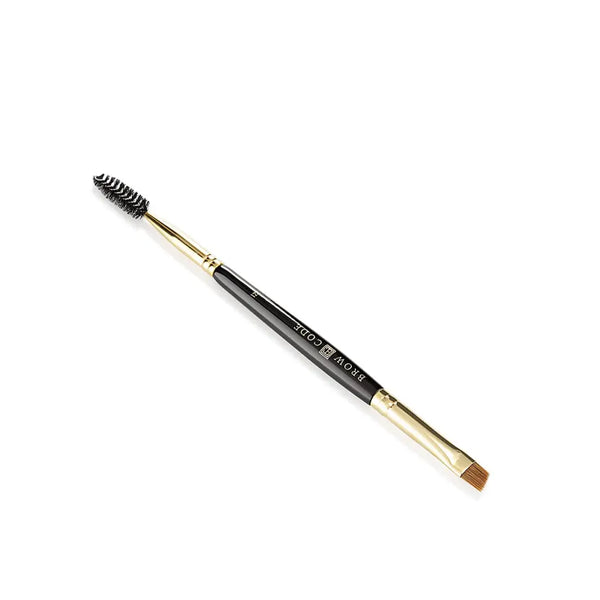 A premium black and gold dual-ended brow brush with an angled tip for precise application and a spoolie for blendingA premium black and gold dual-ended brow brush with an angled tip for precise application and a spoolie for blending