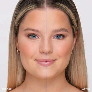 Side-by-side comparison of a model's brows before and after using Brow Code Alias Brow Lamination Gel, showing enhanced fullness and definition on the right