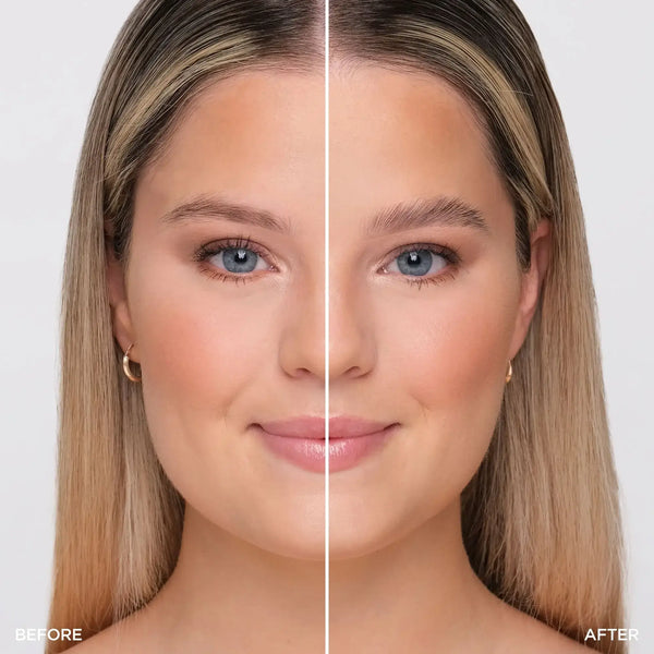 Side-by-side comparison of a model's brows before and after using Brow Code Alias Brow Lamination Gel, showing enhanced fullness and definition on the right