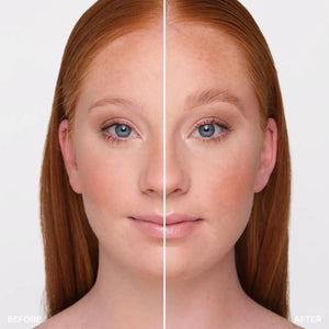 Before-and-after comparison of a model’s brows using Brow Code Alias Brow Lamination Gel, highlighting a lifted and fuller brow effect on the right