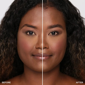 Before-and-after comparison of a model's brows using Brow Code Alias Brow Lamination Gel, showing a fuller, lifted, and more defined appearance on the right