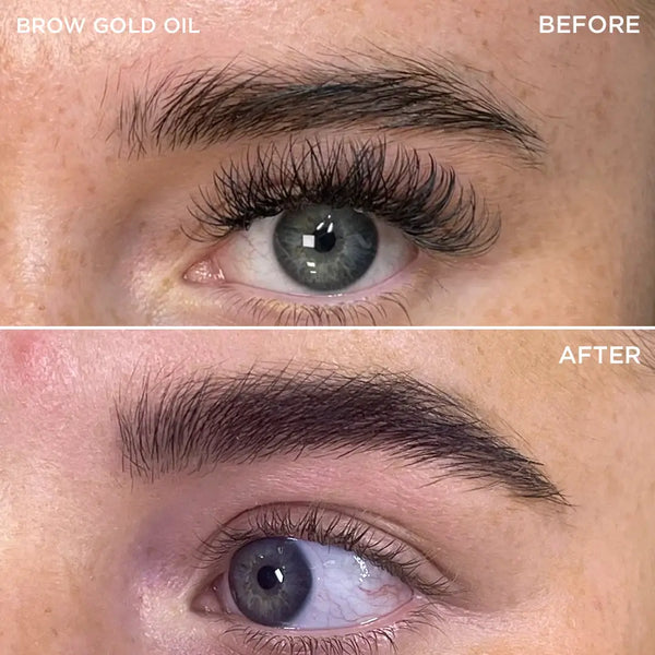 Brow Code Brow Gold Oil before and after results, showing visibly fuller, thicker, and healthier eyebrows after consistent use