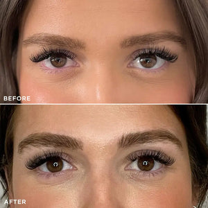 Brow Code Brow Gold Oil before and after comparison, highlighting enhanced eyebrow fullness, definition, and nourishment after regular application