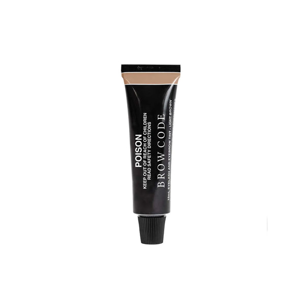 Brow Code Light Brown Brow Tint in a black tube with a light brown color indicator on the cap, ideal for natural-looking brow enhancement