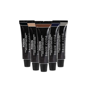 Brow Code Brow Tint set featuring five black tubes with color indicators on the caps, labeled for professional brow tinting