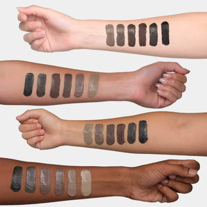 Brow Code Creamades Brow Pomade swatches on various skin tones, showcasing a full range of shades for all brows