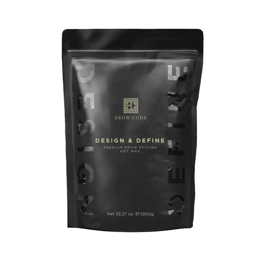 Brow Code Design & Define premium brow styling hot wax in sleek black packaging for professional hair removal