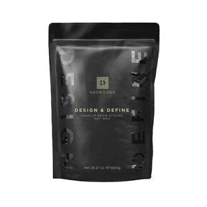 Brow Code Design & Define premium brow styling hot wax in sleek black packaging for professional hair removal