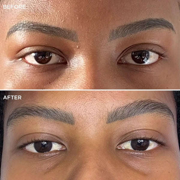 Before and after results of Brow Code Multi-Peptide Hair Growth Serum, showing visibly fuller, healthier, and more defined eyebrows after consistent use