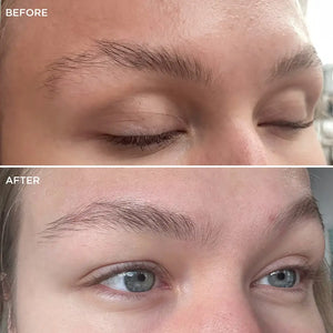 Before and after results of Brow Code Multi-Peptide Hair Growth Serum, showing visibly fuller, healthier brows with improved density and definition