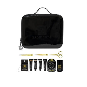 Brow Code Professional Brow Tint Kit with black carrying case, precision tools, five brow tint tubes, charcoal mapping thread, mixing dish, and cream oxidant