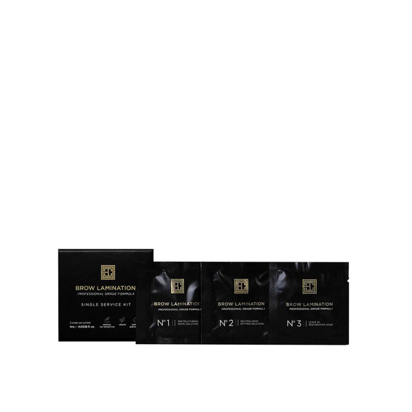 Brow Code Single Service Lamination Kit featuring three black sachets labeled No.1 Bond Solution, No.2 Setting Solution, and No.3 Restorative Mask, displayed alongside the black and gold branded box