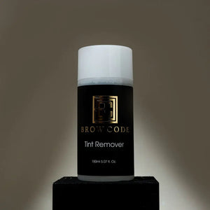 Brow Code Tint Remover 150ml elegantly displayed on a dark pedestal, designed for precise brow tint removal