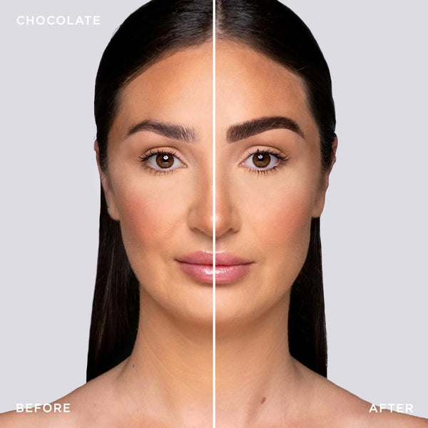 Before and after results of Brow Code Tinted Multi-Peptide Brow Gel in Chocolate shade showing fuller, defined dark brown brows on model