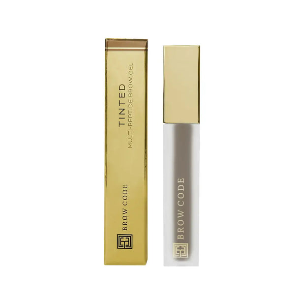 Brow Code Tinted Multi-Peptide Brow Gel in Soft Brown, featuring a frosted tube with gold cap and matching box for natural brow tinting and nourishment