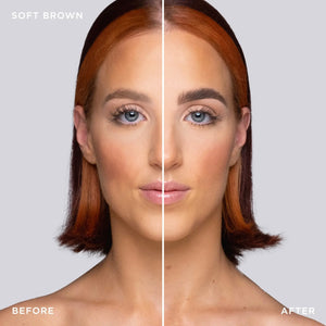 Before and after results of Brow Code Tinted Multi-Peptide Brow Gel in Soft Brown, showing fuller, defined brows on a model with auburn hair