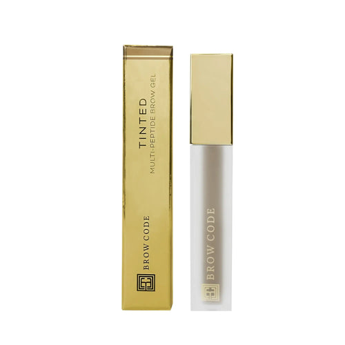 Brow Code Tinted Multi-Peptide Brow Gel in Taupe, featuring a frosted tube with a gold cap and matching gold box for defining and nourishing brows