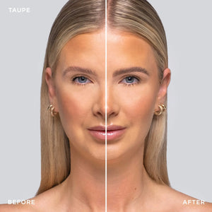 Before and after comparison of Brow Code Tinted Multi-Peptide Brow Gel in Taupe, showing enhanced brow definition and fuller appearance on a blonde model