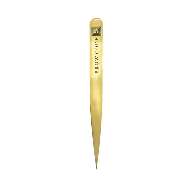 Brow Code pointed tip gold stainless steel tweezer shown vertically against a white background, ideal for precise brow hair removal