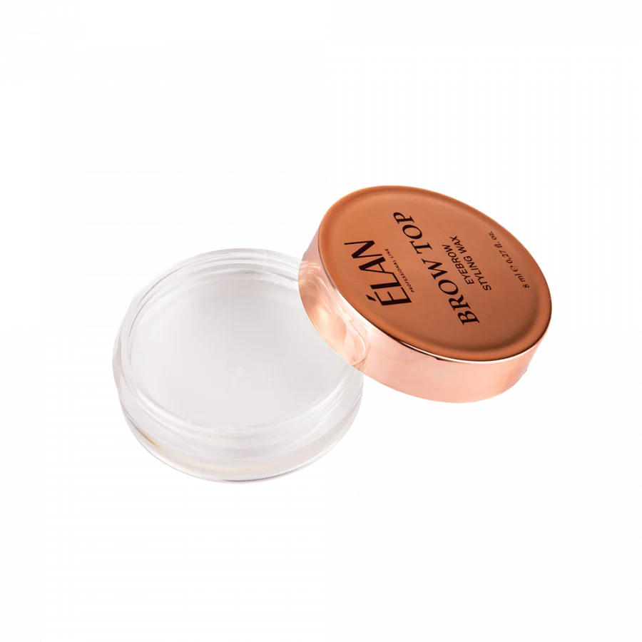 ÉLAN Brow Top Eyebrow Styling Wax 8ml with rose gold lid, ideal for shaping and setting brows with long-lasting hold