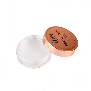 Open jar of ÉLAN Brow Top Eyebrow Styling Wax with rose gold lid, showing clear wax texture for precise brow styling