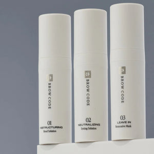 Three Brow Code Gentle Brow Lamination Kit bottles labeled Step 01 Restructuring, Step 02 Neutralizing, and Step 03 Leave-In Restorative Mask.