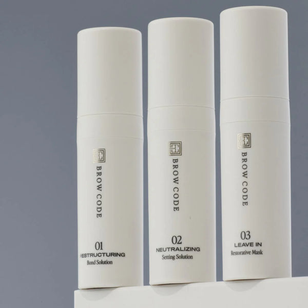 Three Brow Code Gentle Brow Lamination Kit bottles labeled Step 01 Restructuring, Step 02 Neutralizing, and Step 03 Leave-In Restorative Mask.