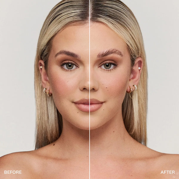Side-by-side view of a model’s face showing the Brow Code Gentle Brow Lamination Kit results, with lifted and fuller brows on the right.