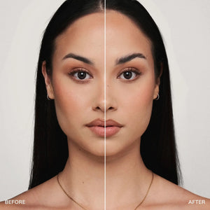 Before and after comparison of a model showing defined, fuller brows achieved with the Brow Code Gentle Brow Lamination Kit.