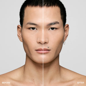 Before and after of a male model showcasing neat, fuller brows after using the Brow Code Gentle Brow Lamination Kit.