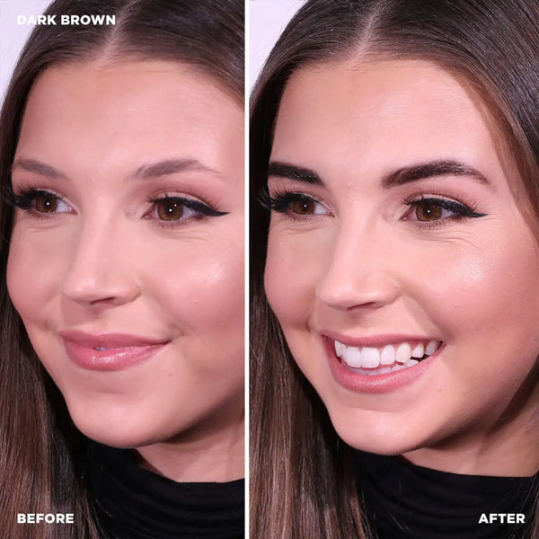 Before and after results using Brow Code Henna Kit in Dark Brown, showing enhanced brow definition and rich, long-lasting color