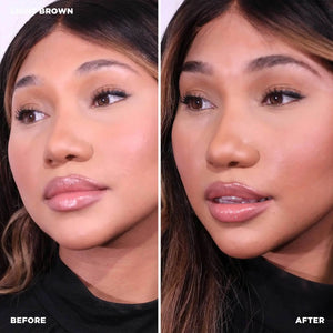Before and after results using Brow Code Henna Kit in Light Brown, showing enhanced eyebrow color and definition on medium-dark skin tone