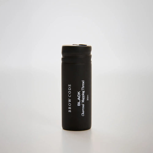 Brow Code Black Charcoal Mapping Thread 30m spool shown upright on white background, ideal for brow symmetry and precise shaping