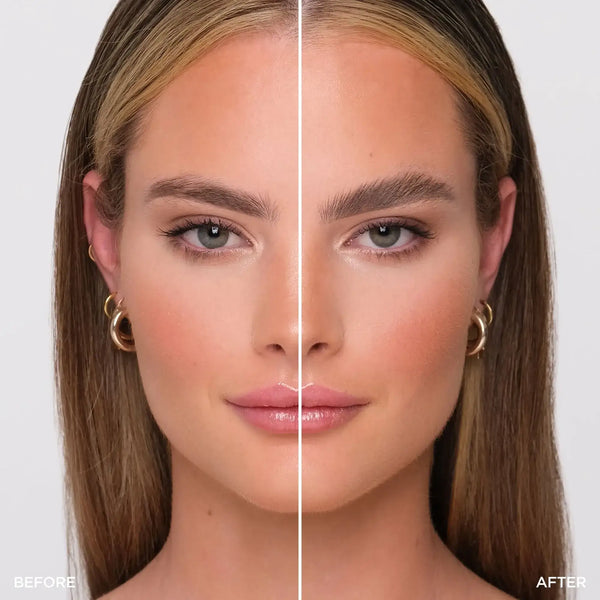 Side-by-side comparison of a model’s brows before and after using Brow Code Alias Brow Lamination Gel, showing a fuller, lifted effect on the right