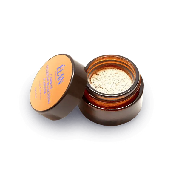 Open jar of ÉLAN Carbon Eyebrow Bleaching Powder showing fine lightening powder, professional-grade formula for brow bleaching
