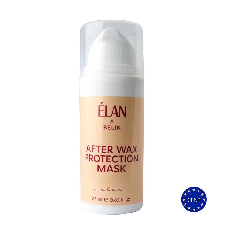 Élan x Belik After Wax Protection Mask in 25 ml airless pump bottle with peach label, ideal for post-waxing skin soothing and care.