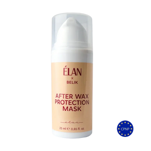 Élan x Belik After Wax Protection Mask in 25 ml airless pump bottle with peach label, ideal for post-waxing skin soothing and care.