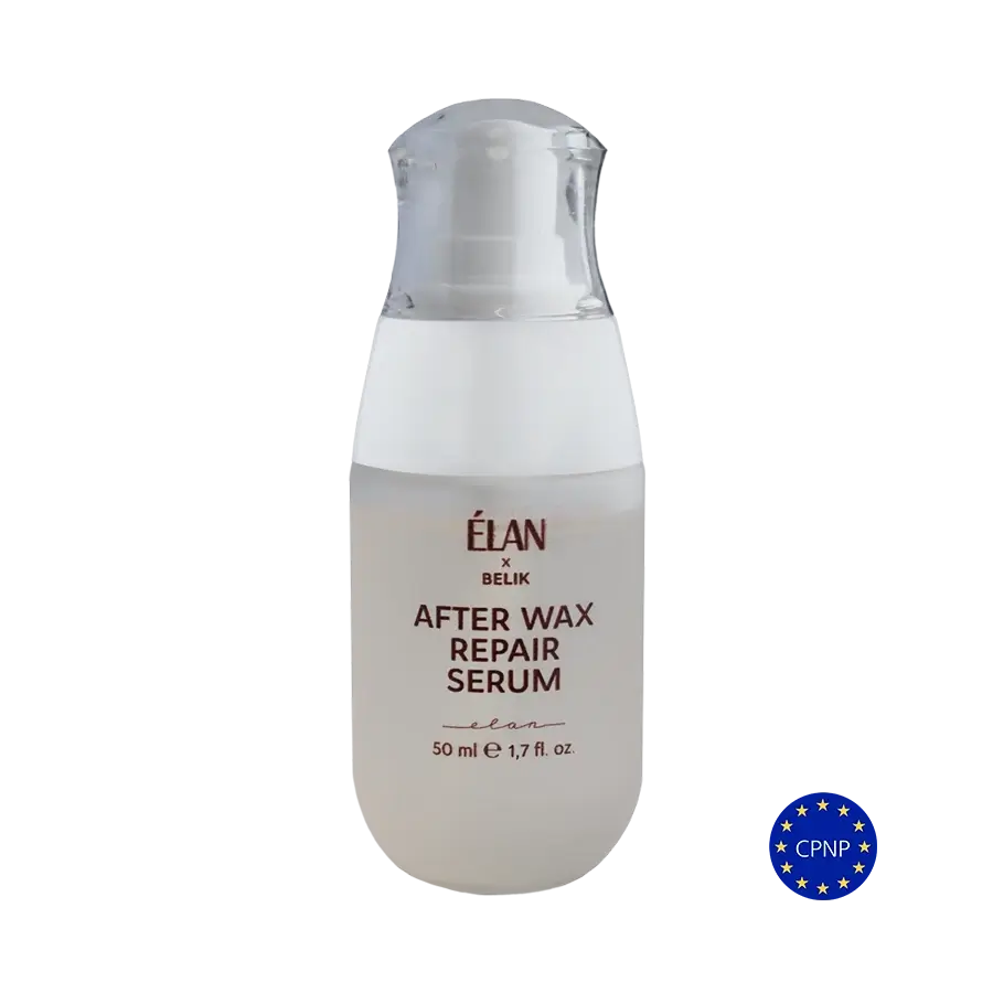 Élan x Belik After Wax Repair Serum in 50 ml frosted pump bottle, formulated to soothe, repair, and hydrate skin after waxing treatments.