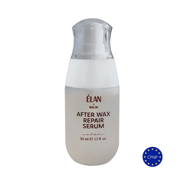 Élan x Belik After Wax Repair Serum in 50 ml frosted pump bottle, formulated to soothe, repair, and hydrate skin after waxing treatments.