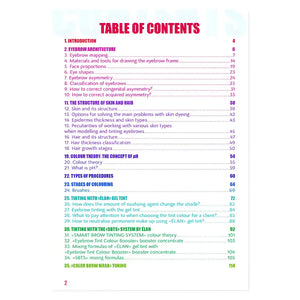 Table of contents from ÉLAN Brow Book English edition covering eyebrow mapping, skin theory, colouring, and tinting techniques