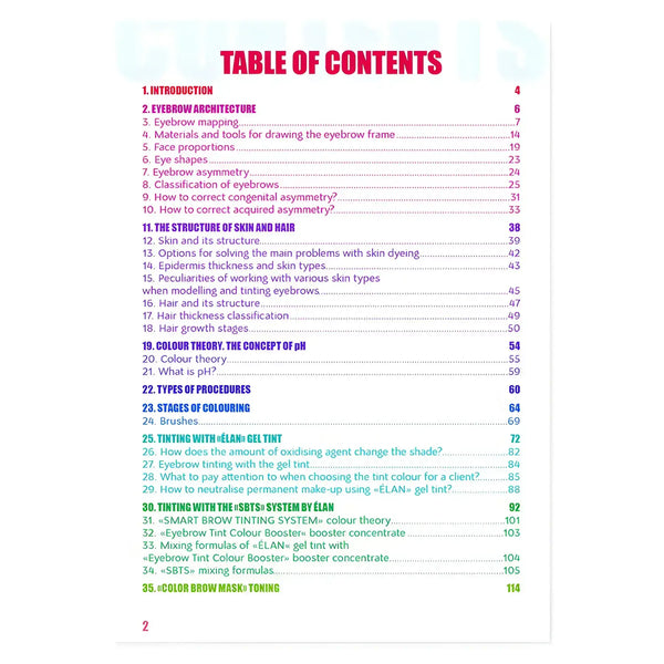 Table of contents from ÉLAN Brow Book English edition covering eyebrow mapping, skin theory, colouring, and tinting techniques
