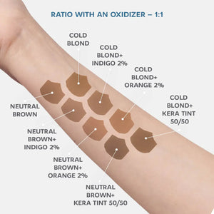 ÉLAN Brow Gel Tint swatches on arm showing color results of Neutral Brown and Cold Blond mixed with Indigo, Orange, and Kera Tint in 1:1 oxidizer ratio