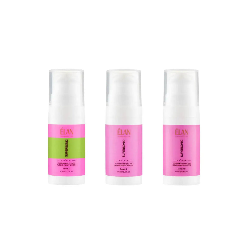 ÉLAN Supersonic Expert System Kit with Brow & Lash Serums 1 and 2 plus Multivitor, displayed in sleek pink-white pump bottles